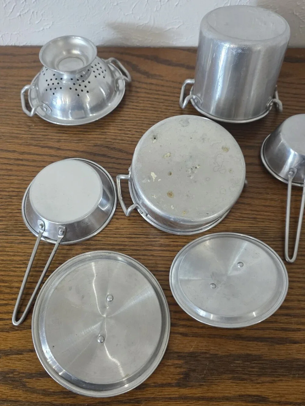 Vintage Miniature Metal Toy Cookware Set Aluminum Child Toy Pots Pans Colander